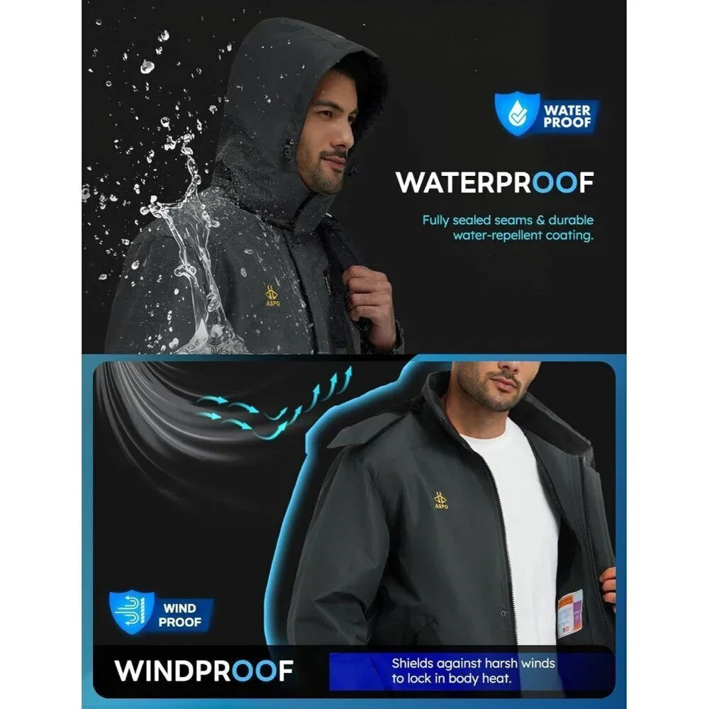 Men's Dark Grey Waterproof Winter Warm Snow Coat Fleece Lined Hiking Ski Jacket